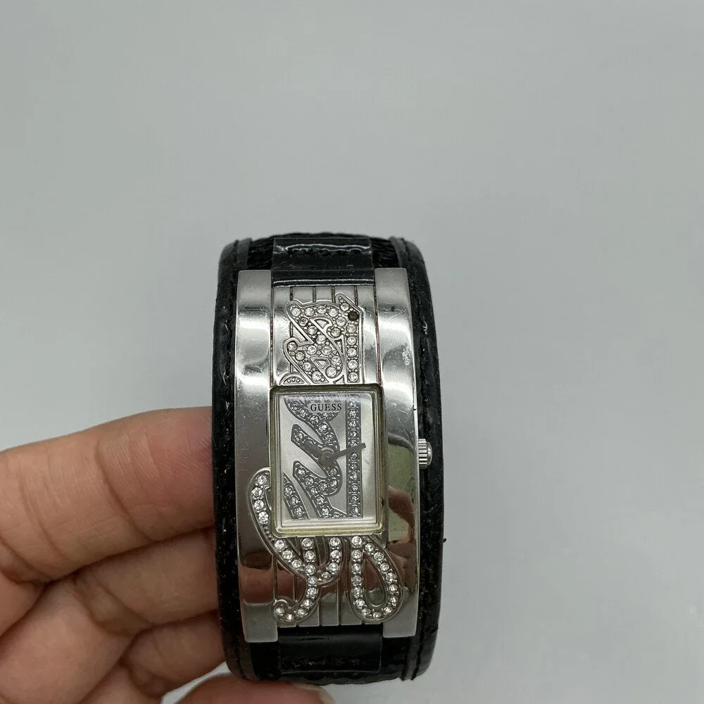 Guess Womens Watch 20mm Silver Tone Black Leather Gem Logo Cuff New Battery